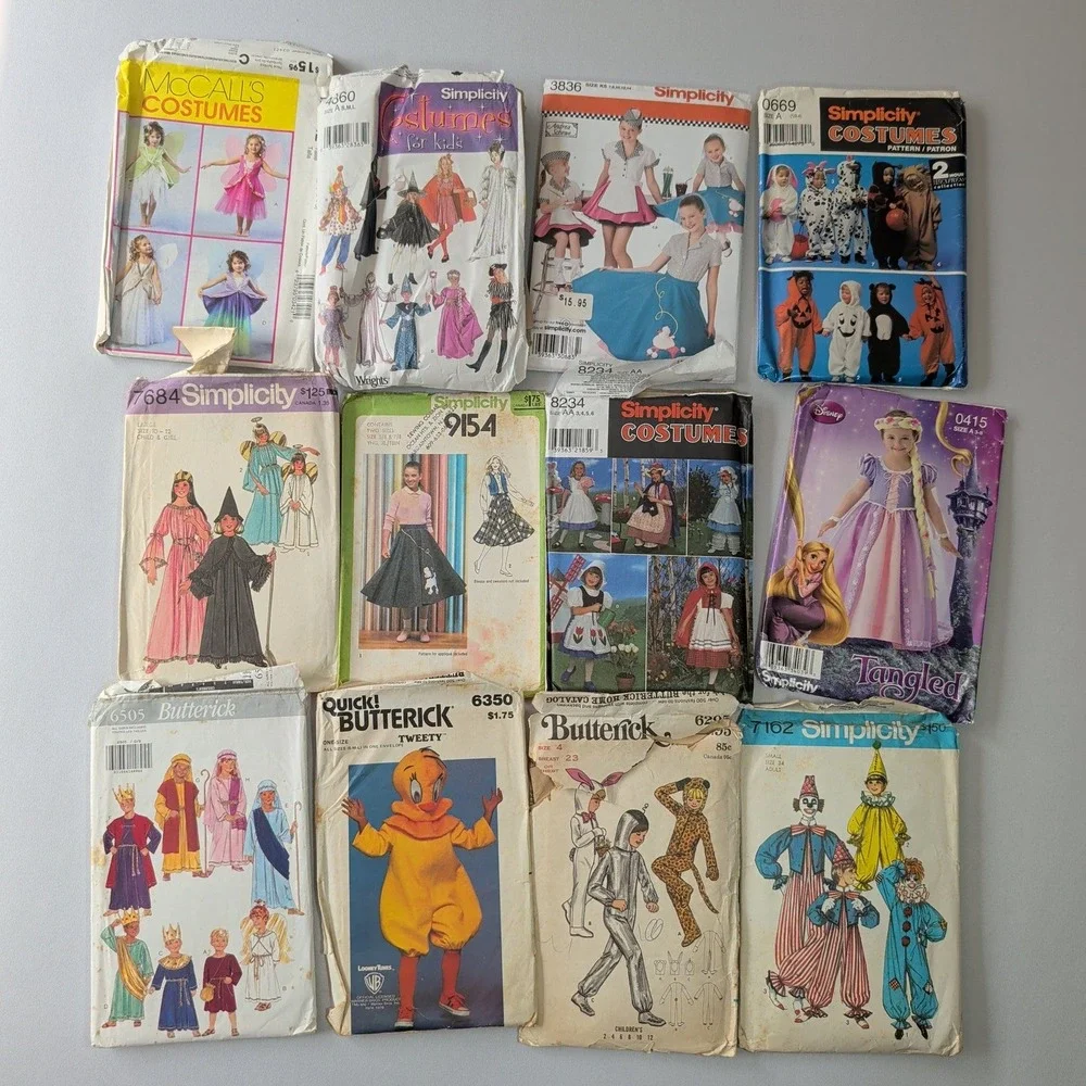Lot of 12 Kids Costume Sewing Pattern Cut Disney Tangled Tweety Poodle